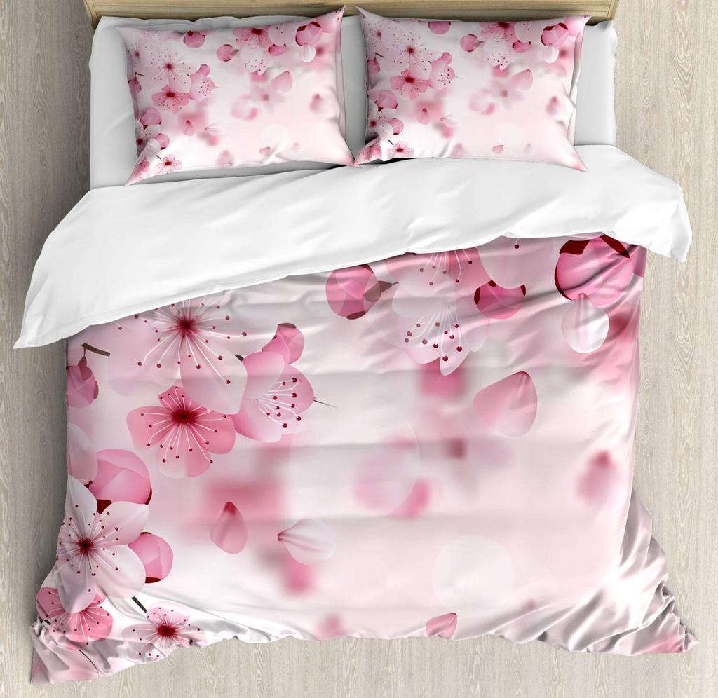 Japanese Duvet Cover Set Simplistic Cherry Blossom Tree Botanic Themed Pattern Fresh Organic Lines Bedding Set For Kids Girls