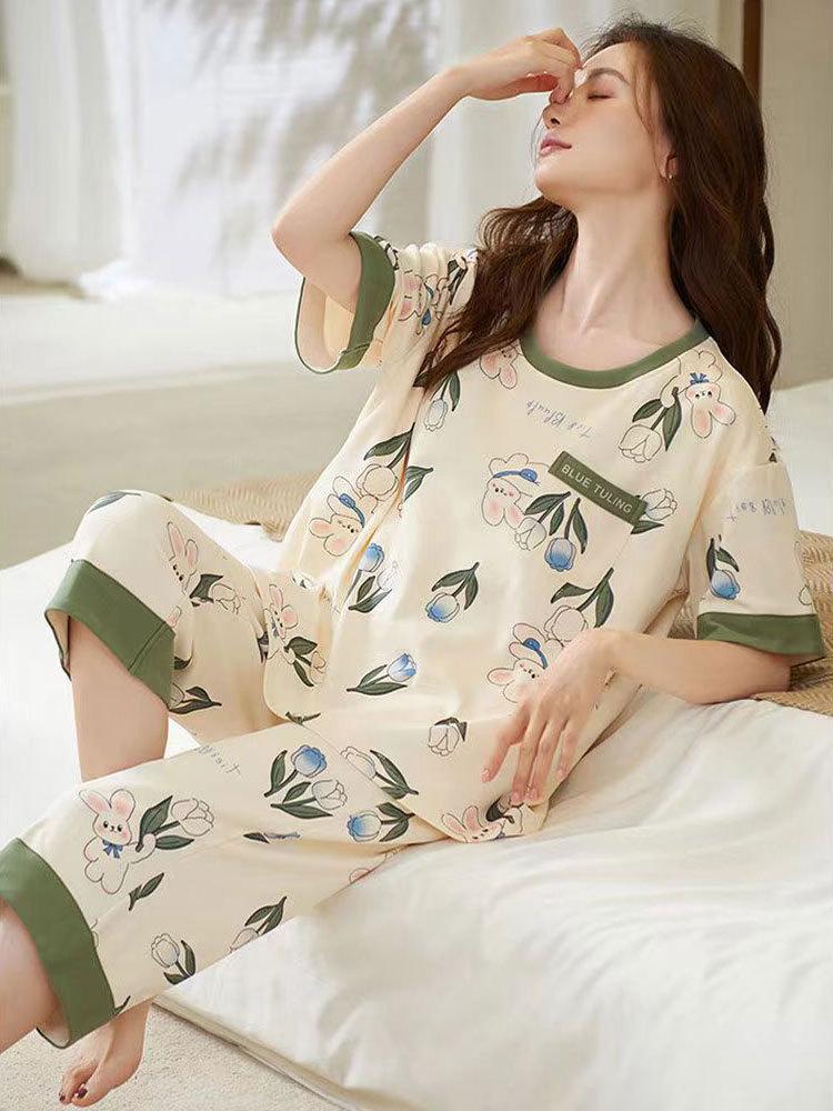 Korean minimalist style pajamas for women, summer cool thin cotton striped cropped pants, letter short-sleeve crew neck loungewear set