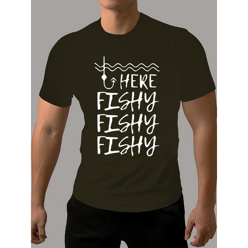 

European sizes Men s Casual HERE FISHY Print T-Shirt - Comfortable Polyester, Round Neck, Short Sleeve Tee for Summer - Machine Washable 4XL чорний