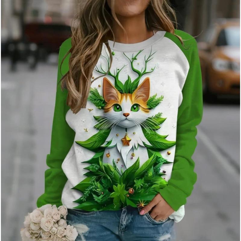 Roztomilý kočičí dámský dlouhý rukáv, podzimní a zimní kulatý výstřih, bavlněné oblečení, kawaii zvířecí tištěné topy 2024, nový módní svetr