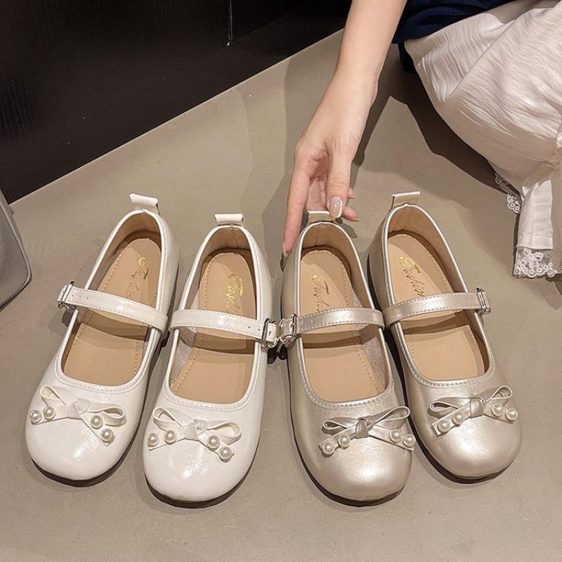 Gentle Wind Low Heel Round Head Mary Jane Shoes New Bow Pearl Ballet Shoes Women's Sweet Casual Shoes