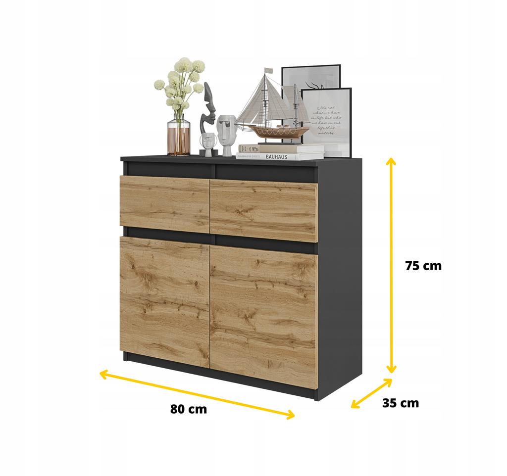 Cómoda antracita/roble wotan 2 cajones 2 puertas 2 estantes, mueble 80 cm salón