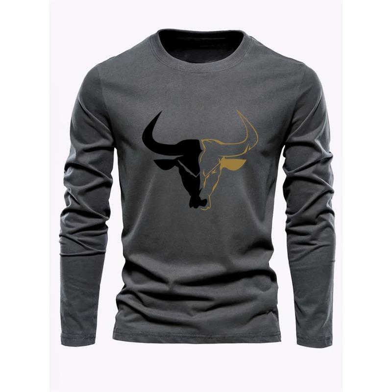 Men's Loose Fit Plus Size Comfortable Casual Sports Bull Pattern Printed Round Neck Long Sleeved T-shirt Top
