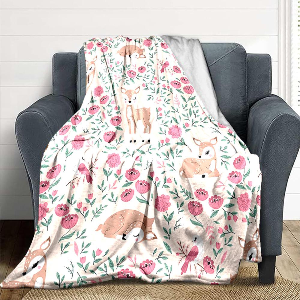 1pc Deer Floral Lightweight Flannel Blanket, Comfortable and Warm Blanket, for Office and Camping Sofa Bed, Livingroom158