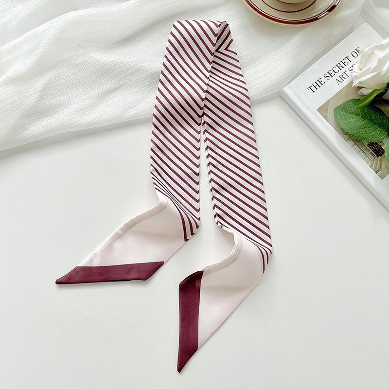 Striped long silk scarf, high-end sense fashion commuting versatile professional small scarf decoration hair tie bag streamer