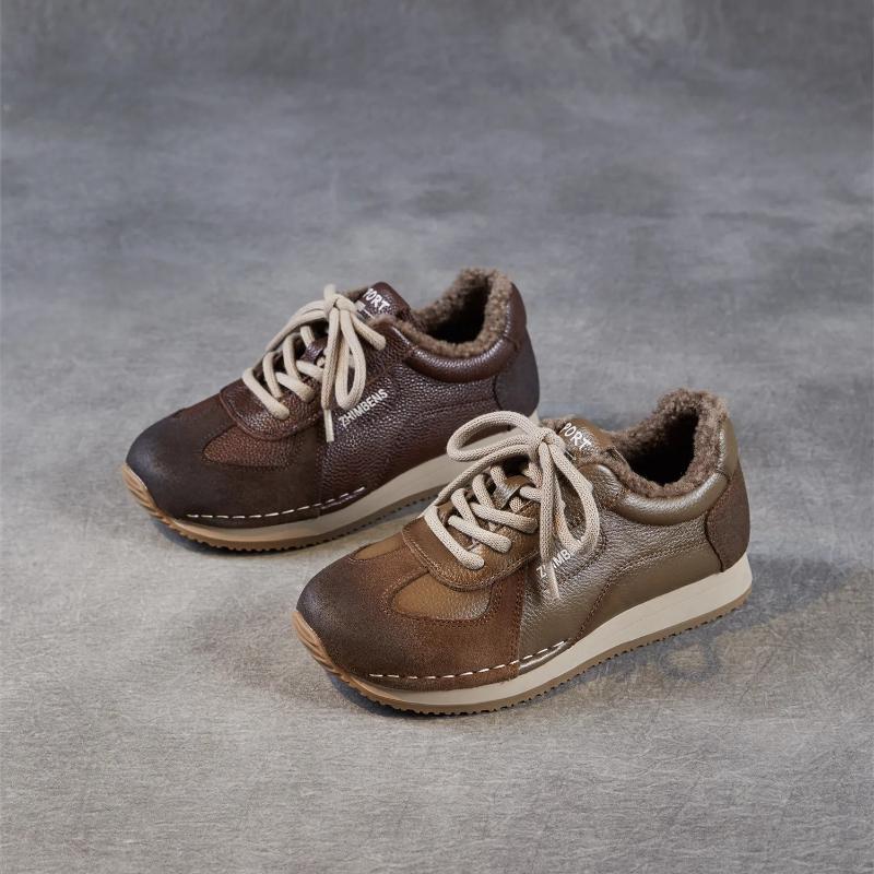 Johnature Echtes Leder Plüsch Warme Damen Schuhe Lässig Weich besohlt Sportschuhe Vielseitige Schnürschuhe Baumwollschuhe