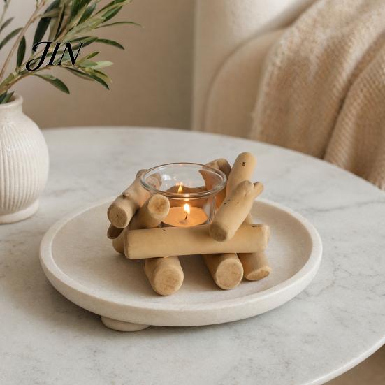 Handmade Wood Candle Holder Wooden Glass Holder, Rustic Driftwood Ornament, Farmhouse Natural Tabletop Decor for Living Room Bedroom Office Gift Matte