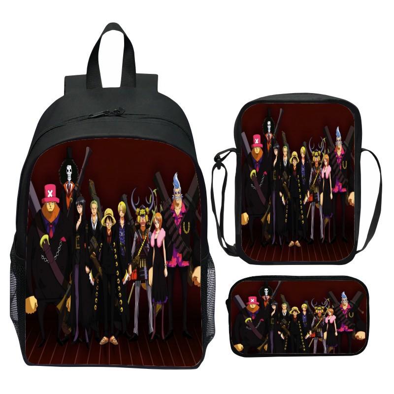 Set Zaino 3 Pezzi Stampato One Piece Cartone Animato Pirata Blu Marinaio Zaino Scuola Elementare Grande Capacità Resistente all'Acqua Zaino per Bambini