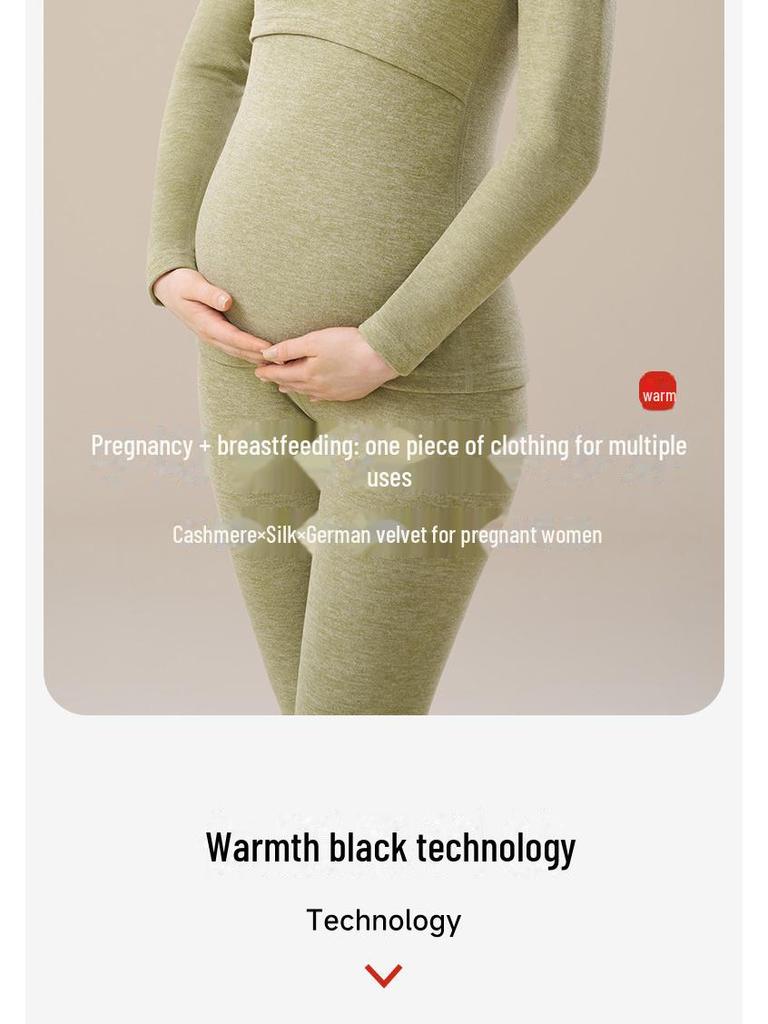 Maternity Thermal Underwear Set: Warm, Cozy Top & Bottoms for Postpartum Nursing - Velvet, Cashmere, Silk Blend for Winter