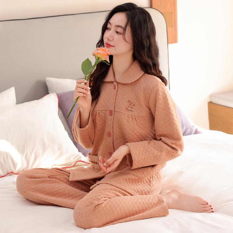 Pajamas Women'S Spring And Autumn Thickened Pure Cotton Interlayer Women'S Air Cotton Thin Cotton Padded Autumn And Winter Mother Loungewear