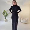 2026 Women's Long Sleeve Bodycon Belted Slit Dress - Elegant European & American Style for Commute