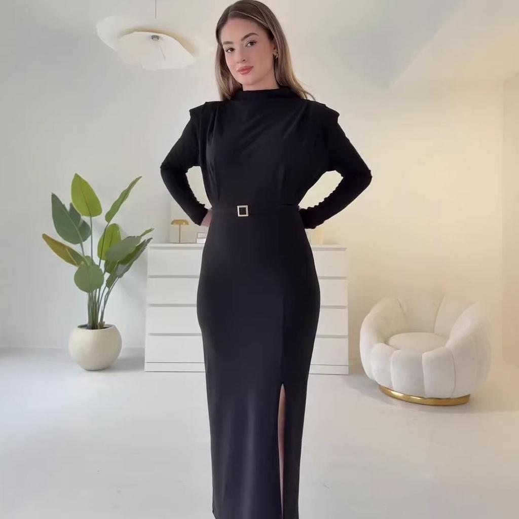 2026 Women's Long Sleeve Bodycon Belted Slit Dress - Elegant European & American Style for Commute