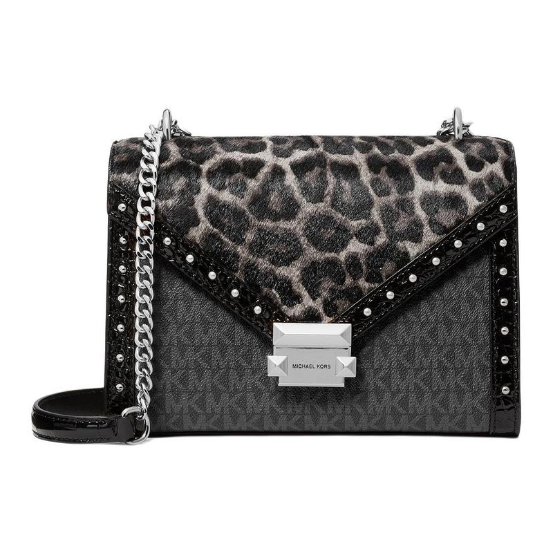 MICHAEL KORS Whitney Brand Logo Leopard Design Coated Canvas Shoulder Bag Medium Women s Black чёрный