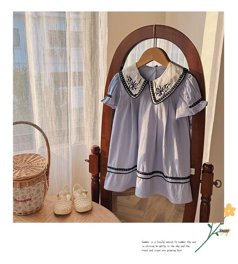 2026 Summer Girls' Princess Dress: French Embroidery with Lace Puff Sleeves and Doll Collar