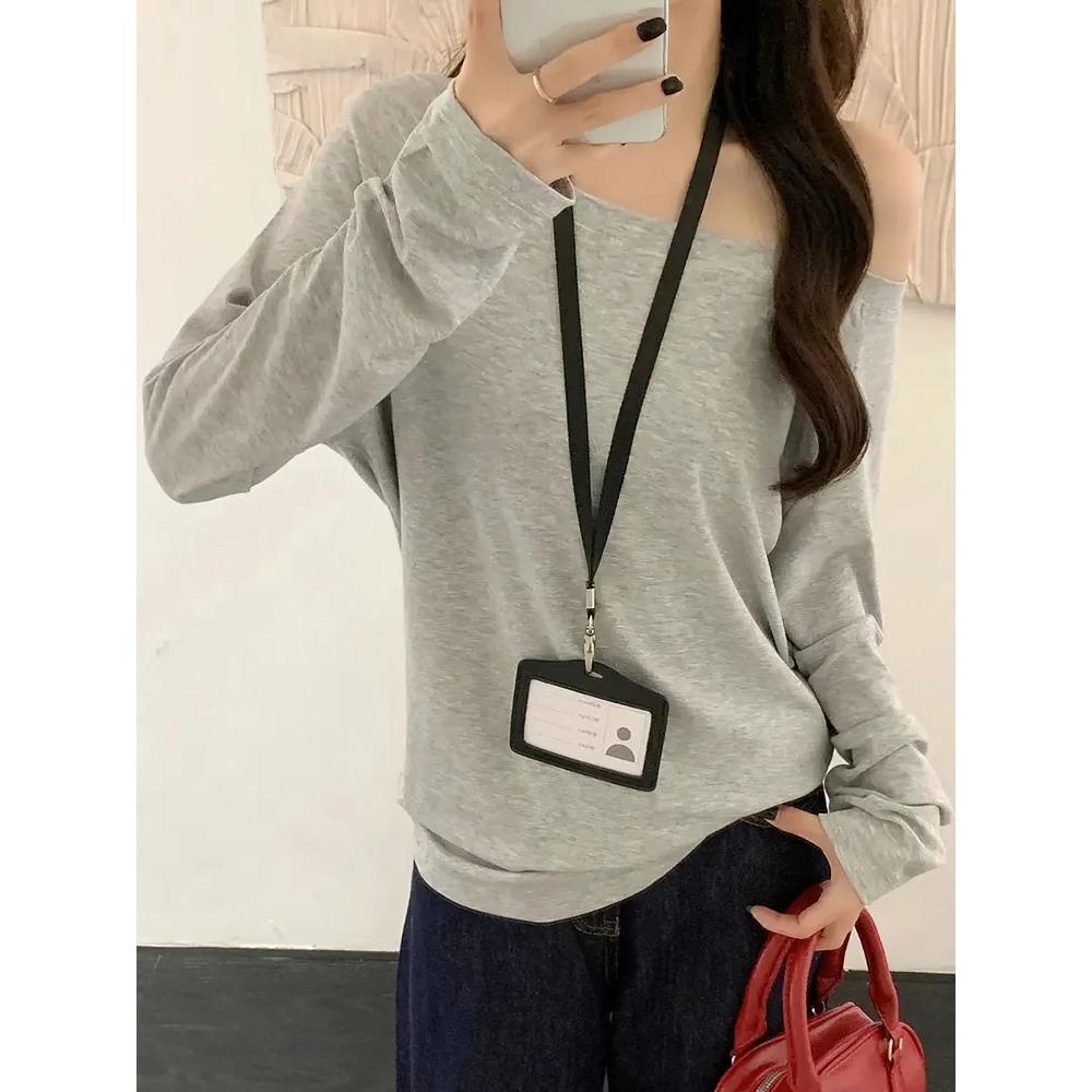 Oversize Off shoulder Long sleeve T shirt Women Solid color Casual Tops Lady Spring Autumn Basic Tees Korean style Youth Blouses