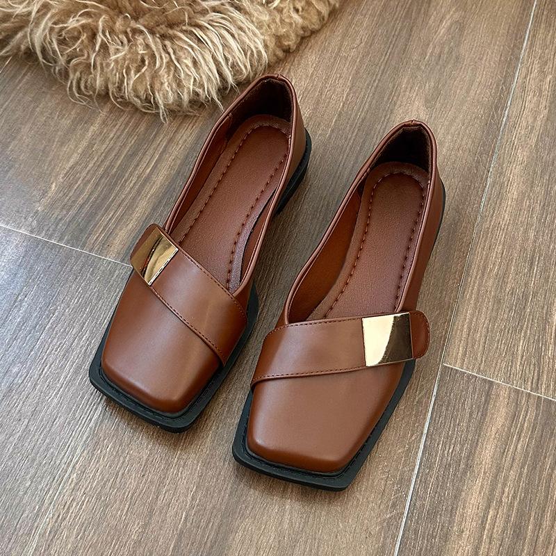 Spring and Autumn New Metal Buckle Square Head Flat Sole Single Shoes Fashion Flat Heel Soft Sole Shallow Mouth Small Leather Shoes Women's Shoes