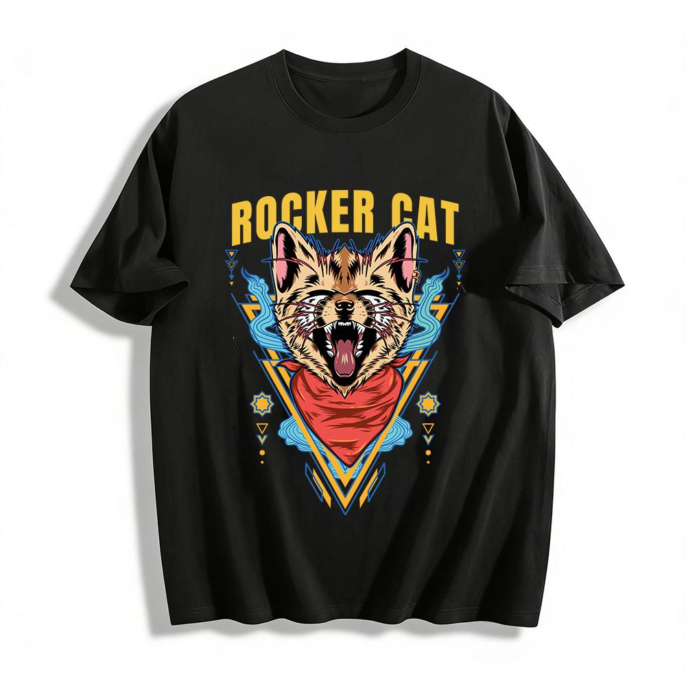 

ROCKER CAT Print Trendy Casual Top For Men And Women Pure cotton T-shirt 6XL