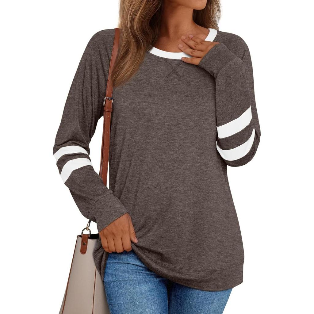 New Women's Patchwork Long Sleeve T-shirt, Casual Loose Crew Neck Top for Women, European American Style, Crossborder Apparel