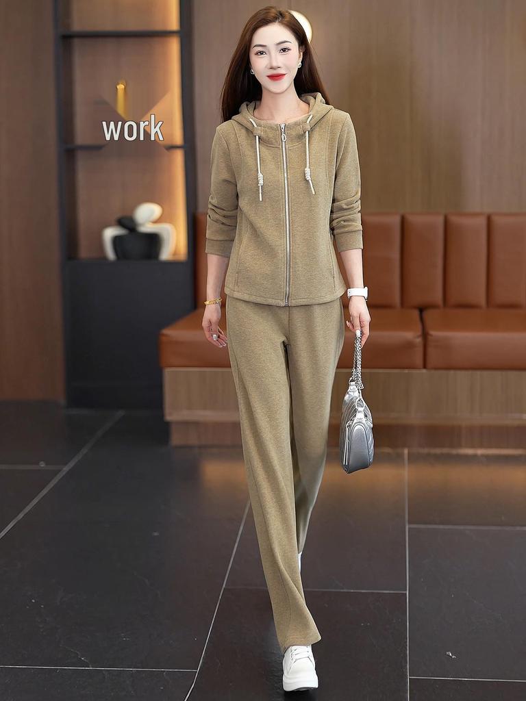 Women's Autumn Hooded Cardigan and Wide-Leg Pants Set: Casual, Slimming, Body-Concealing, Two-Piece Sportswear.