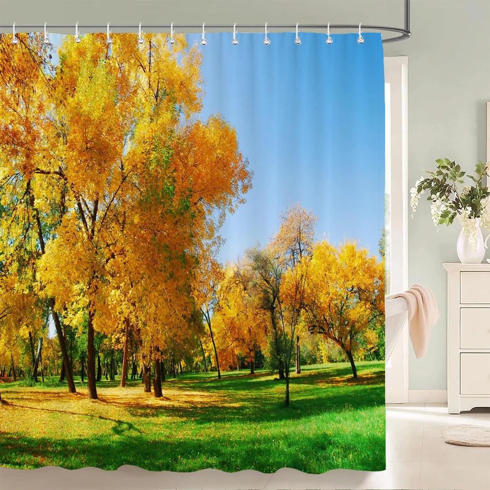 Forest Scenery Printed Fabric Shower Curtains Autumn leaves Tree leaf Bath Screen Waterproof Products Bathroom Decor with Hooks