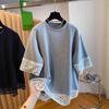 T-shirt Court Manches Courtes Ample pour Femme Patchwork de Dentelle Style Commuter Coton Col Rond Haut Nœud Papillon Printemps Été
