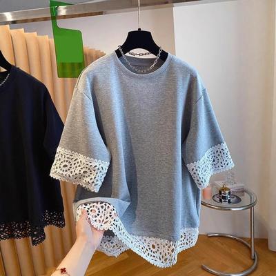 Women's Loose Short Sleeve T-Shirt Lace Patchwork Commuter Style Cotton Crew Neck Top Butterfly Knot Spring Summer