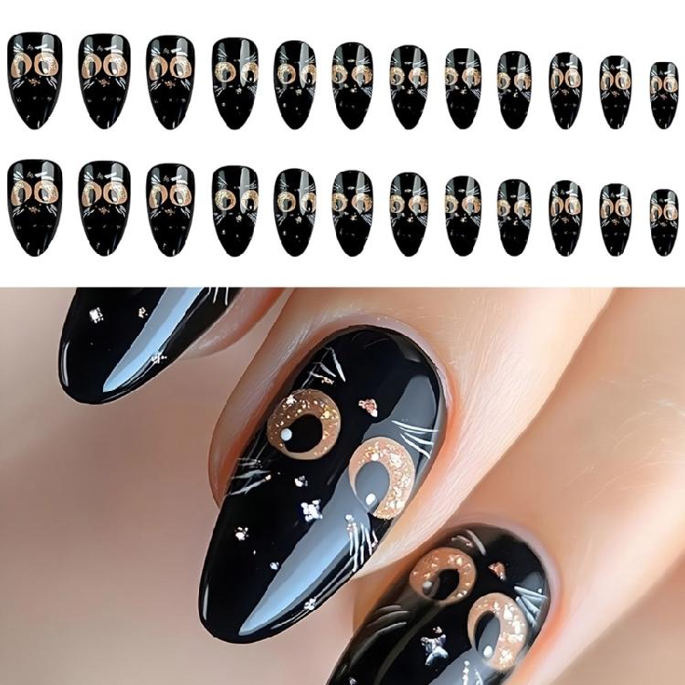 24 Stück Glänzende Press-On-Nägel Mandelform Falsche Nägel mit Schwarz-Katzen-Designs Stilvolle Klebenägel Geschenk für Frauen Maniküre