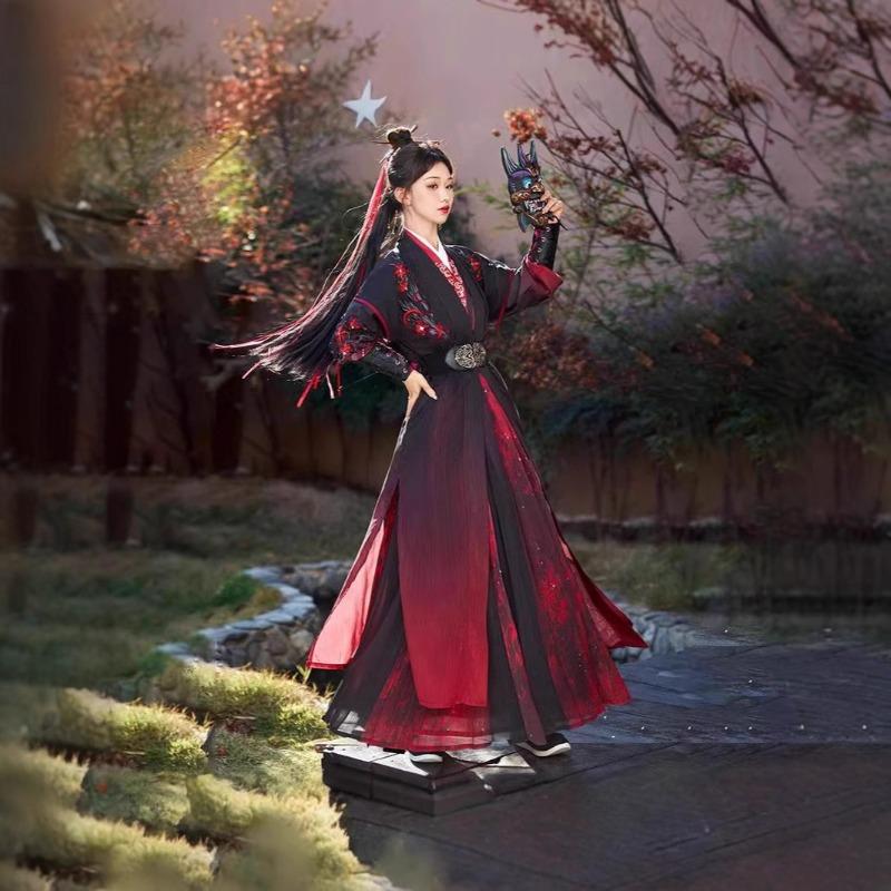Hanfu 2 novo primavera e verão masculino e feminino cavaleiro diário bonito roupa antiga em terno vermelho e preto