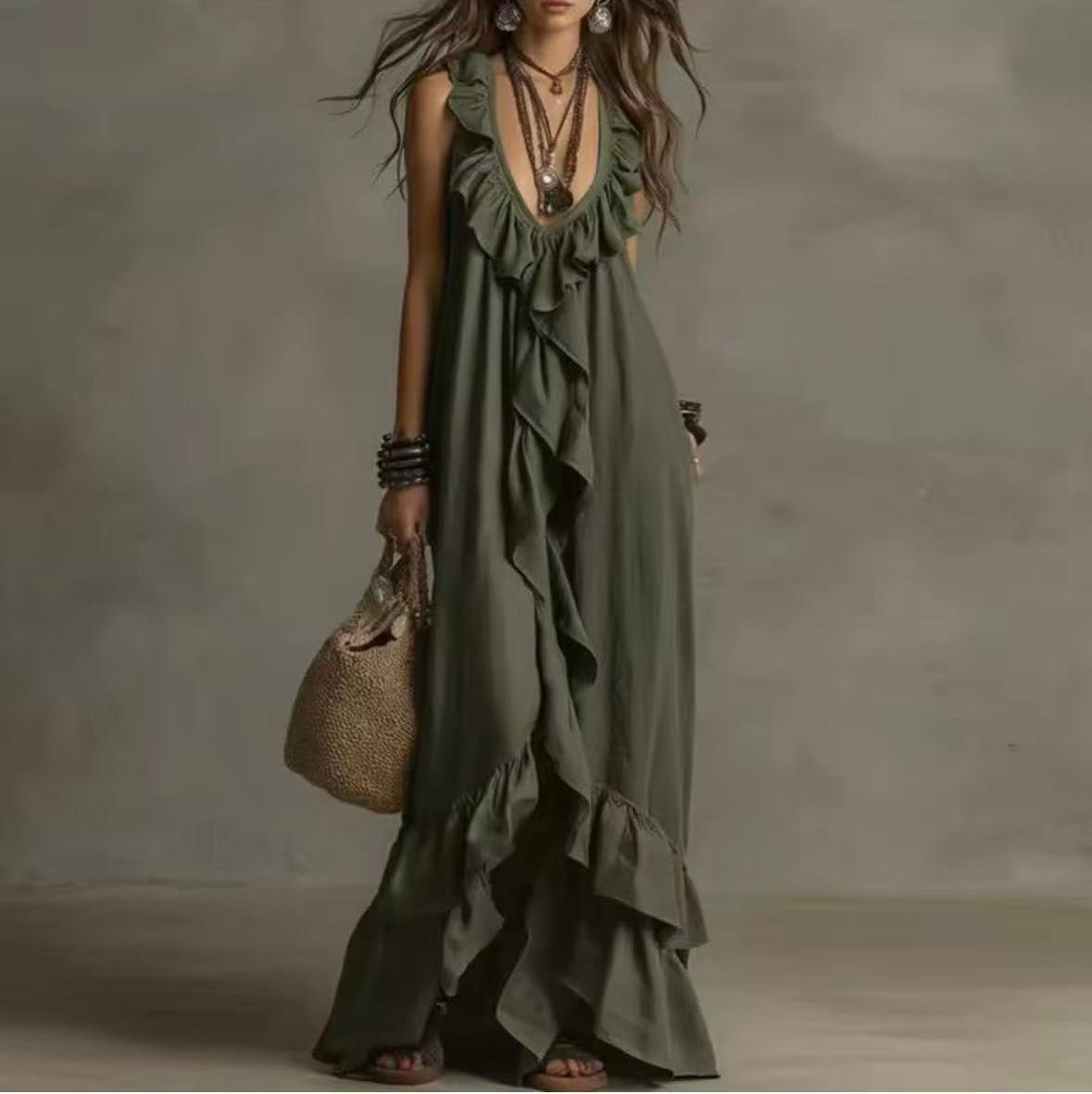 European and American casual bohemian urban V-neck short-sleeved ruffle edge retro dress S белый