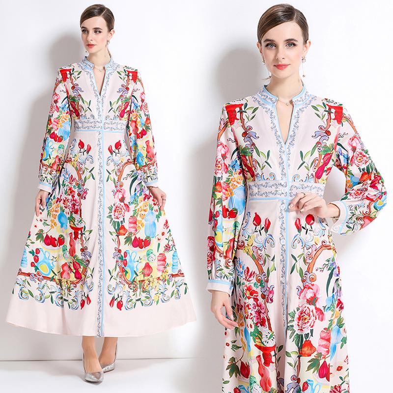Frühling Herbst Damen Designer Print Laufstegkleid V-Ausschnitt Einreiher Lang Maxi Partykleider