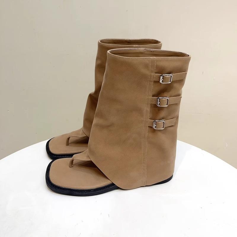 Summer new retro style belt buckle flat bottom toe open toe pants short boots women's medium tube herringbone cool boots