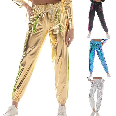 Women’s Shiny Holographic Stretchy Metallic Jogger Pants High Waist Sweatpant Hip Hop Club Rave Pants