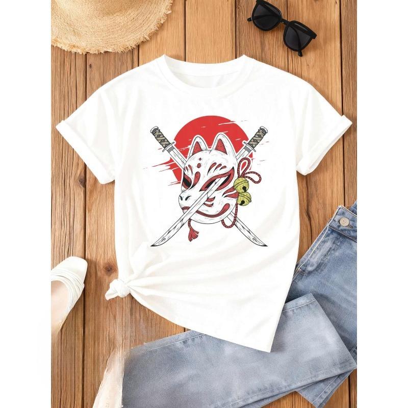 Kitsune Warrior Tee | 100% White T-Shirt with Geometric Pattern, Casual Style, Regular Fit, Crew Neck, Perfect for Daily and Weekend Wear S