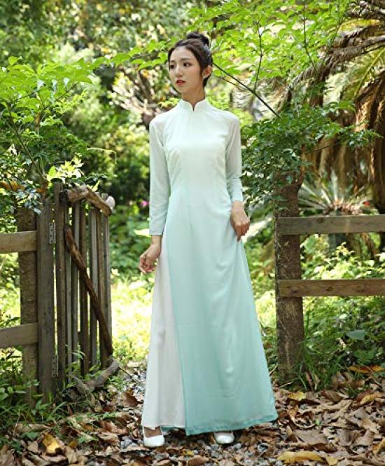 Ao Dai Ao Dai Style Long Chiffon Dress and Green Size [TRTRO] Dress, (White Gradient, M)