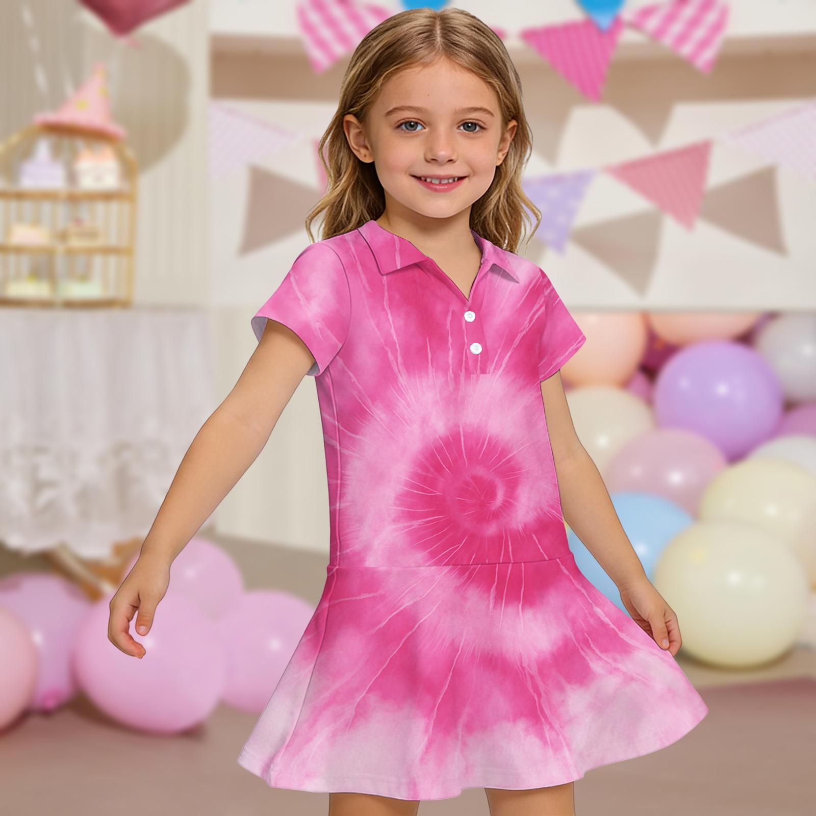 Girls Short Sleeve Polo Dress Tie Dye Pattern Casual Dress with Pockets Lightweight Comfortable Fit for Everyday Wear 130