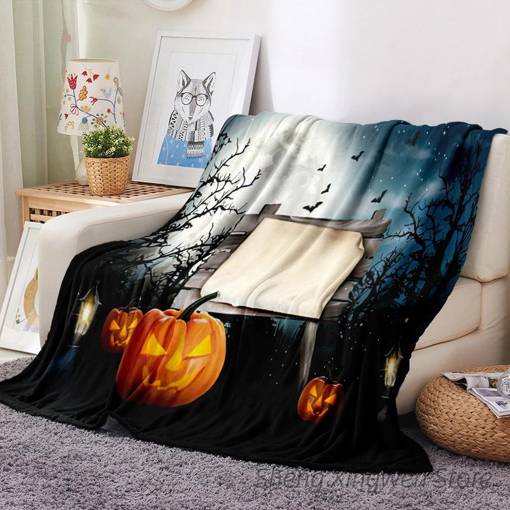 Halloween Watercolor Truck Blanket Warm Four Seasons Pumpkin Print Flannel Blanket Halloween Blanket