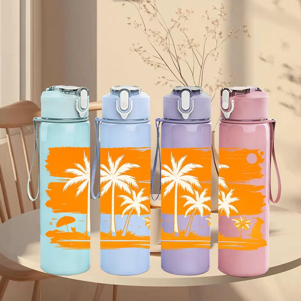 1PC Palm Tree Orange Sunset Graphic 750ml Color Plastic Sports Water Bottle Leakproof Flip Straw Lid Suitable for Sports Office Home Use