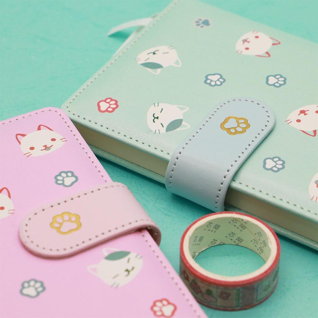 Cute Cat Design Notebook Cute Cat PU Leather Magnet Buckle Notebook Student Diary Notebook 64K Cat Cover Writing Utensils Pencil Stationery Girls New