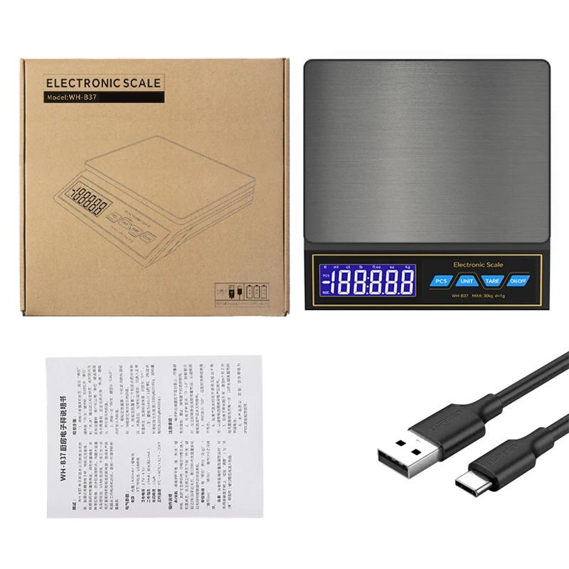 30kg/1g Digital Electronic Kitchen Scale Rechargeable Stainless Steel Household Food Scale Weight Balance with Counting