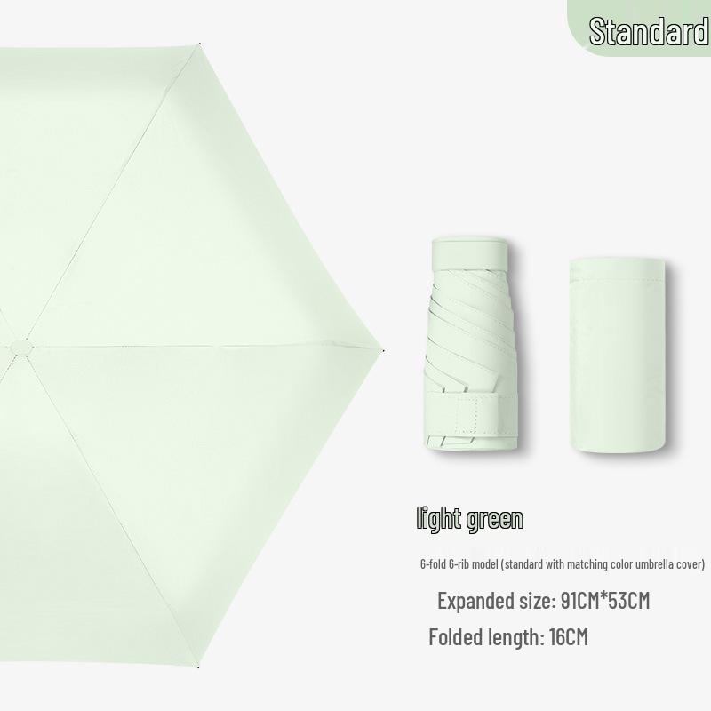 Compact Ultra-Light Six-Fold Capsule Umbrella with Black Glue Sun Protection and Hook