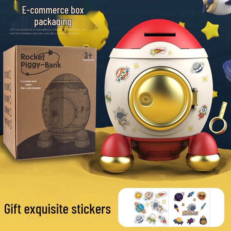 Rocket Piggy Bank for Kids: Large Capacity Coin Bank with Key and Stickers