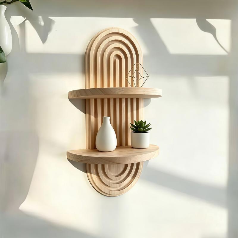 Scaffale da Parete in Legno a Doppio Strato Stile Boho Chic per Ambienti Domestici Eleganti