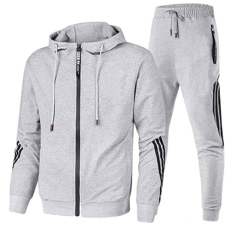Men's 2024 Autumn/Winter Striped Zipper Hoodie Two-Piece Tracksuit