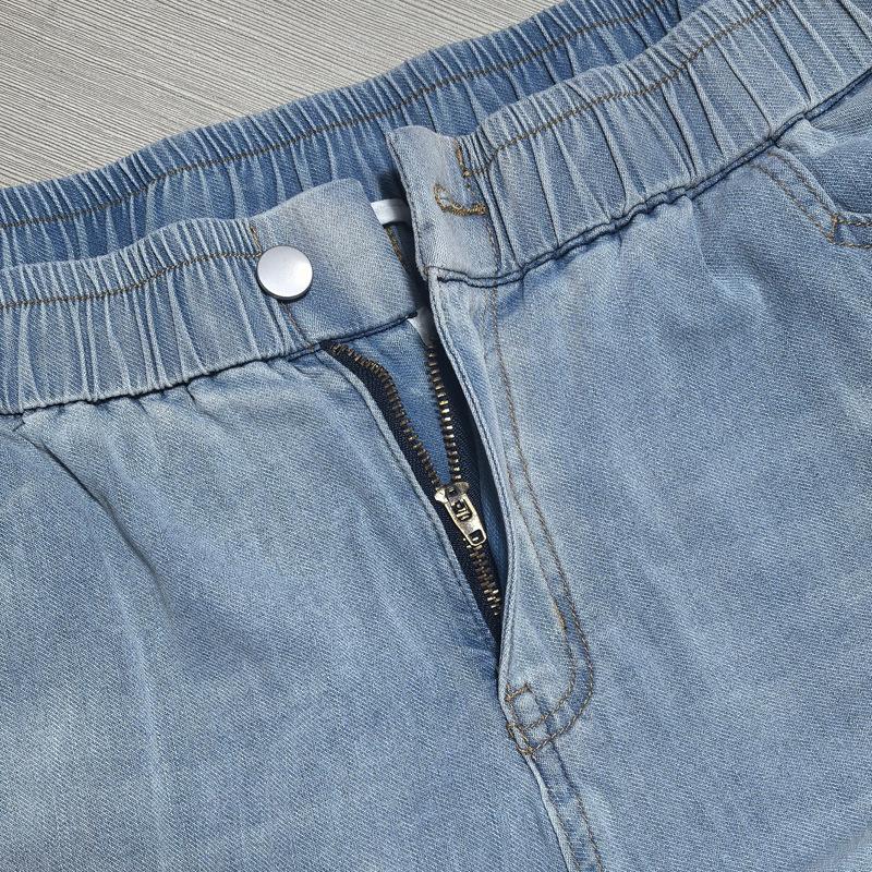 Women Plus Size Elastic Denim Capri Pants,Loose Fit Summer Cropped Jeans,High Waist Stretch 7-Point Trousers for Fat Ladies 4XL-9XL