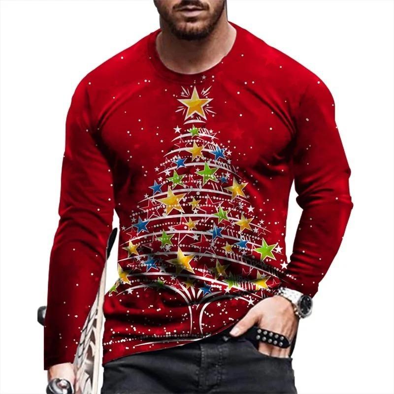 New Men's Long Sleeved Round Neck T-shirtr Autumn Winter Christmas 3D Digital Printed Christmas Tree T-shirt