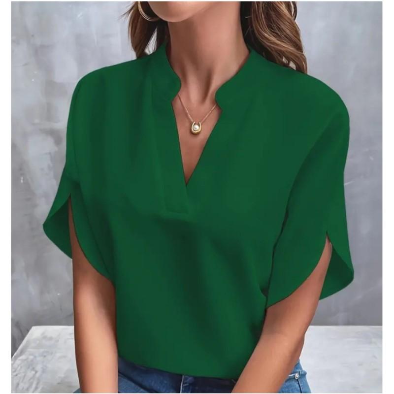 Damen Sommer V-Ausschnitt Elegantes Hemd Einfarbig Locker Kurzarm Freizeit-Top