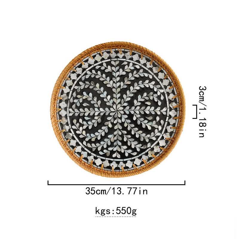 Rattan Woven Round Storage Tray with Mother-of-Pearl