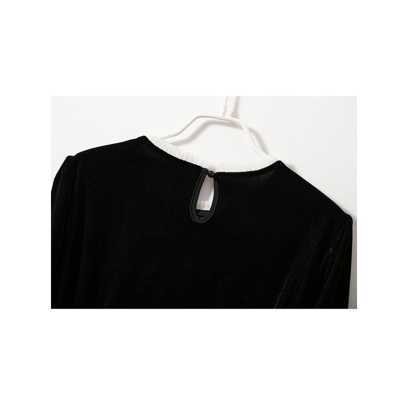 French Style Light Luxury Long Black Dress! Daya Women's Long Sleeve A Word Real Velvet Beads Mesh Stitching Dress Over the Knee