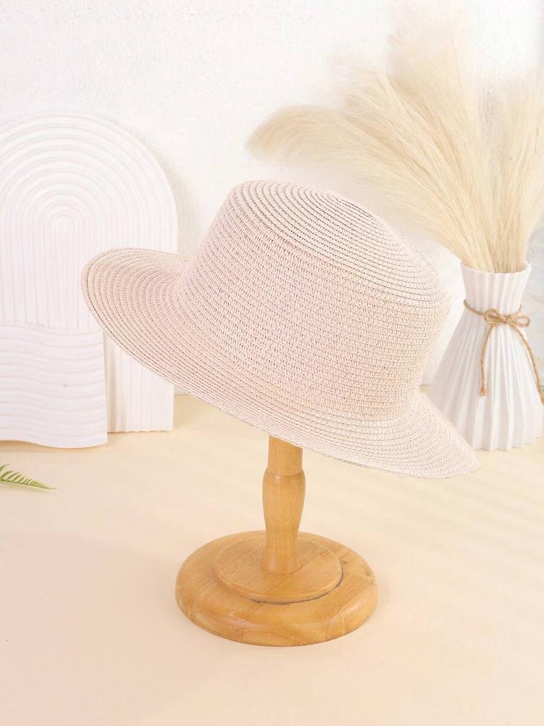 Damen Unifarbener Flacher Stroh-Sonnenhut Mit Kleinem Rand Für Den Strandurlaub