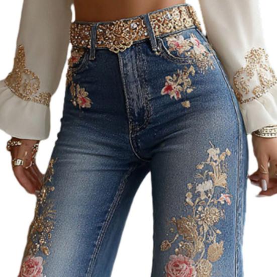Bell Bottom Jeans for Women 3D Digital Floral Print Stretch Flared Jeans Mid Rise Retro Denim Pants with Pockets